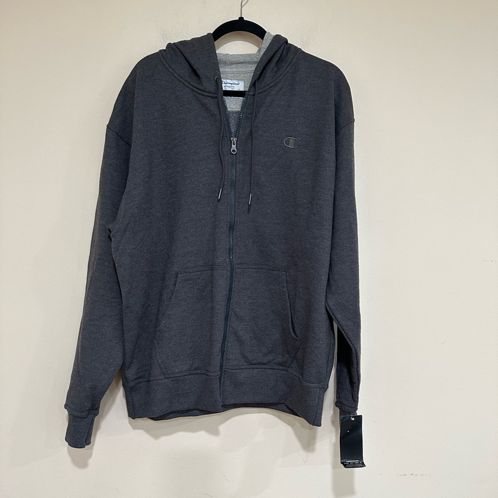 Men’s champion size large grey powerblend zip-up hoodie. NWT.
